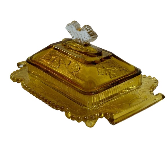 Antique Honey Dish Lid Yellow Glass Co-Operative Flint 1800s Leaf Pattern Pot - Picture 4 of 13